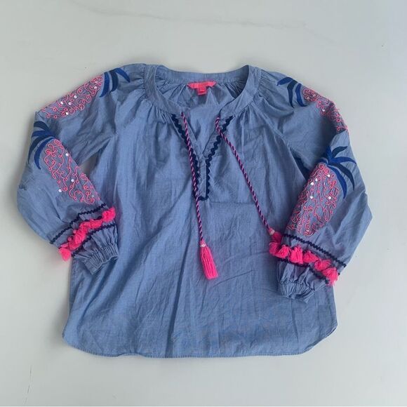 Lilly Pulitzer Tops - Lilly Pulitzer Blouse XS Keela Chambray Peasant Embroidered Tassel Tie V-Neck